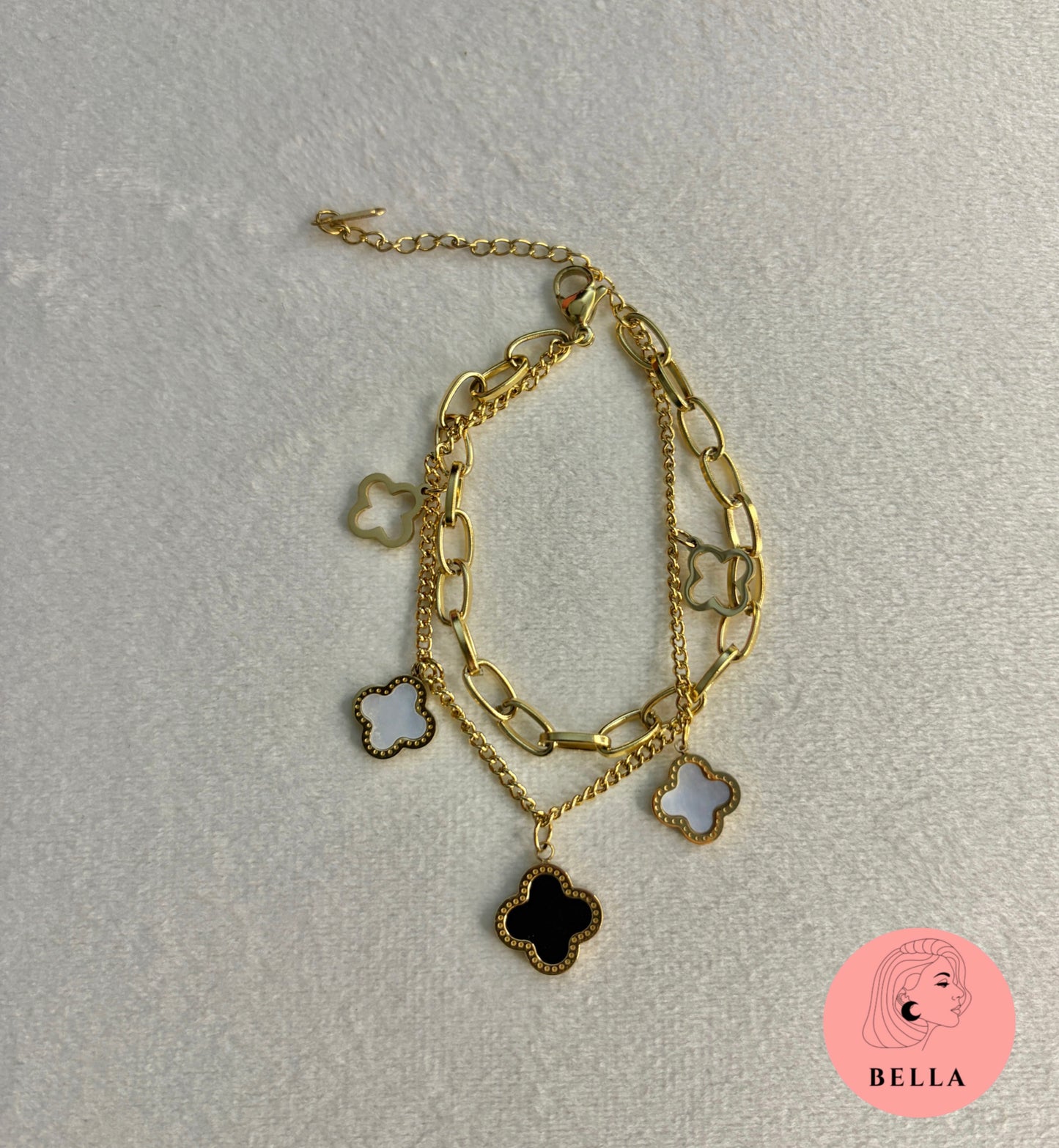 Double Layer Black and White Clover Bracelet