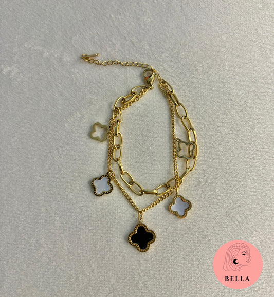 Double Layer Black and White Clover Bracelet