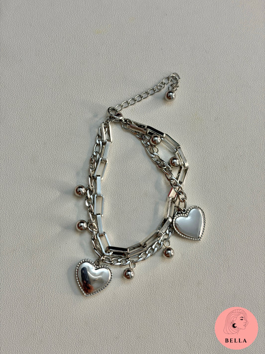 Double Layer Heart Bracelet Silver