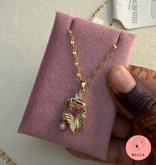 Pink Square butterfly necklace